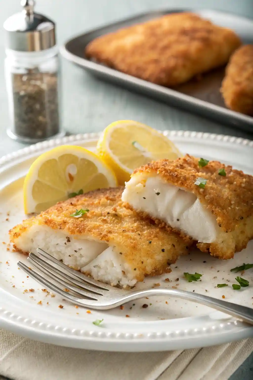 Parmesan Crusted Cod fillets with crunchy cheese crust served on a white plate with fork and lemon