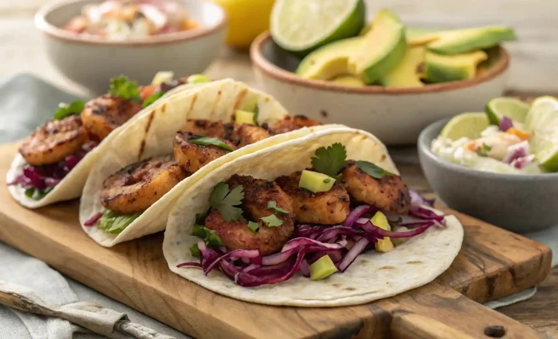 Blackened shrimp tacos with red cabbage slaw, avocado, and pineapple salsa in corn tortillas on a wooden serving board