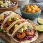 Tacos filled with charred shrimp, red cabbage slaw, avocado, and cilantro on flour tortillas with fresh lime wedges