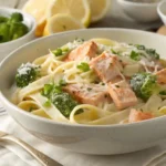 salmon alfredo pasta with fettuccine, broccoli, and creamy Alfredo sauce