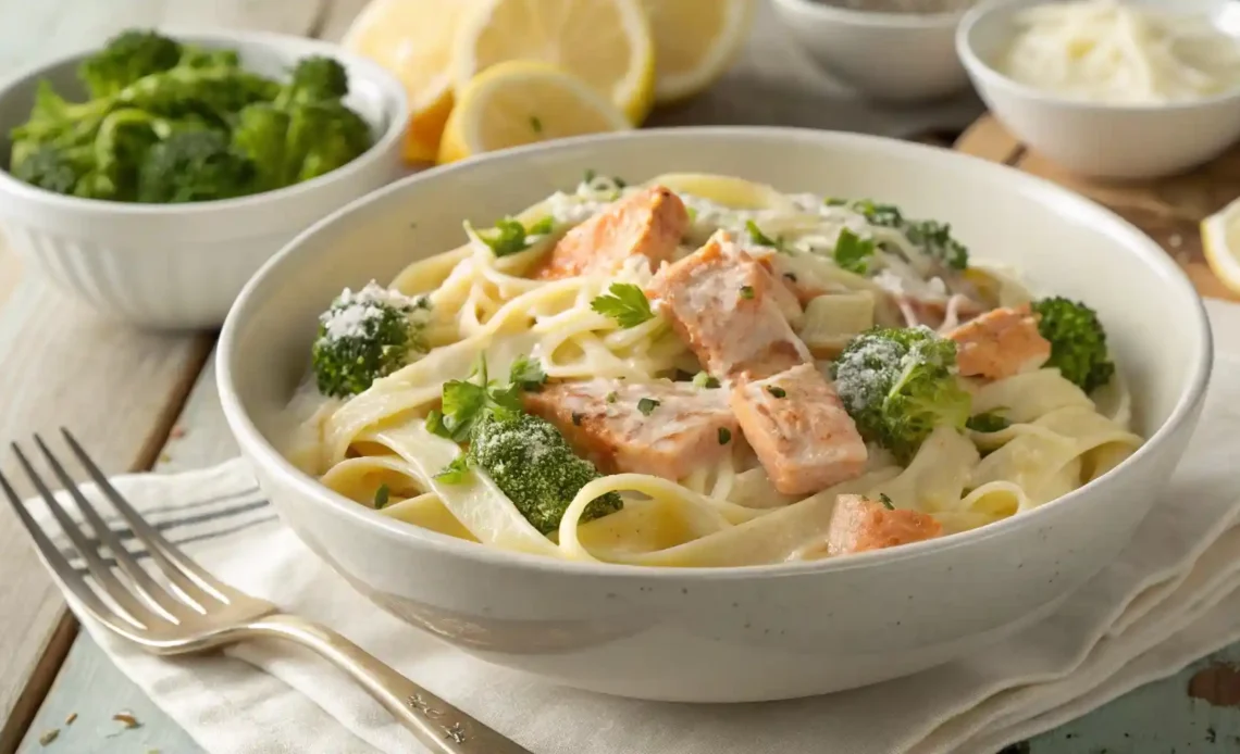 Salmon alfredo pasta with fettuccine and broccoli served in a ceramic bowl with lemon slices and parsley