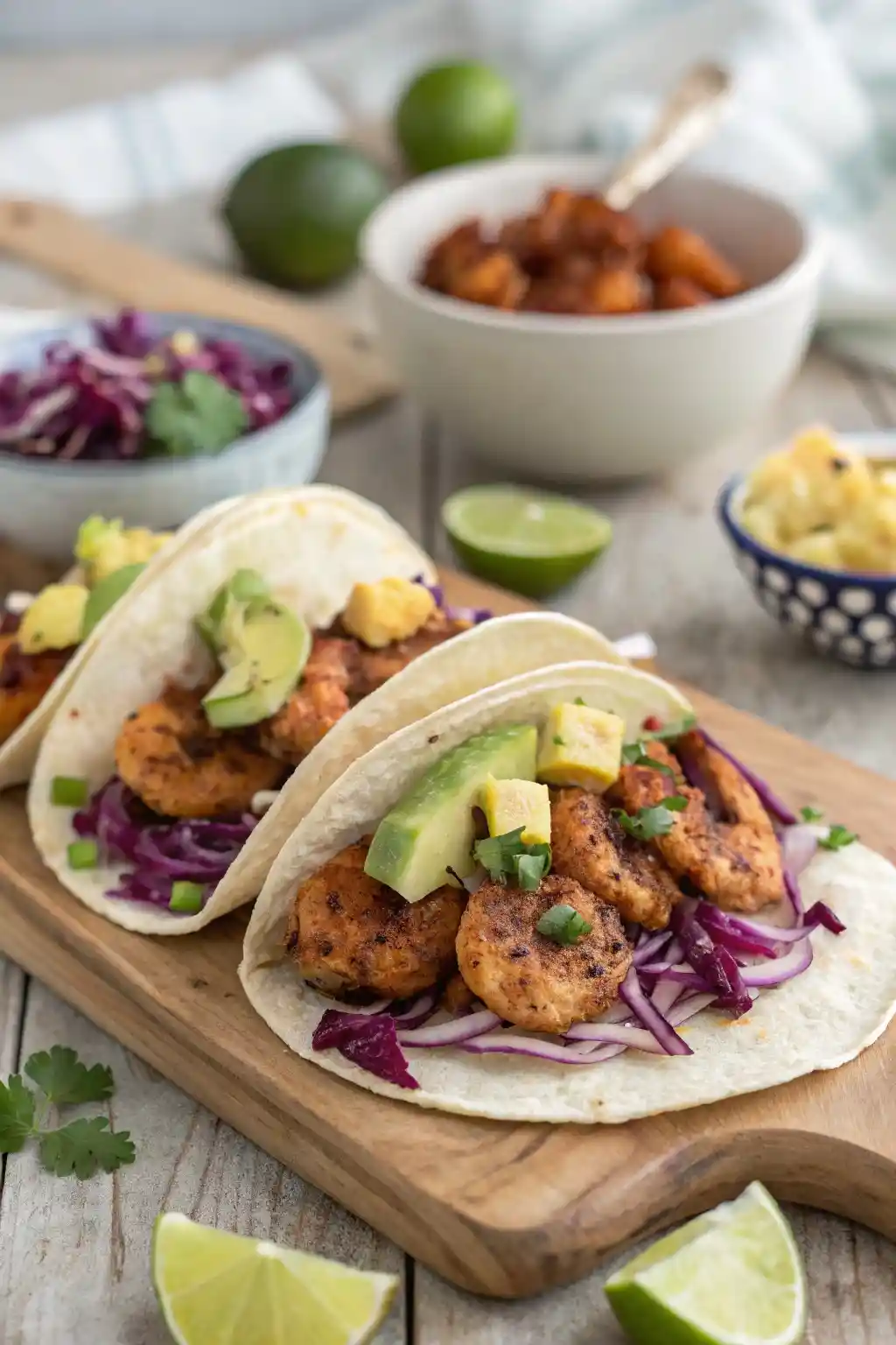 Flour tortilla tacos filled with charred shrimp, purple slaw, fresh avocado, and cilantro on a wooden plate