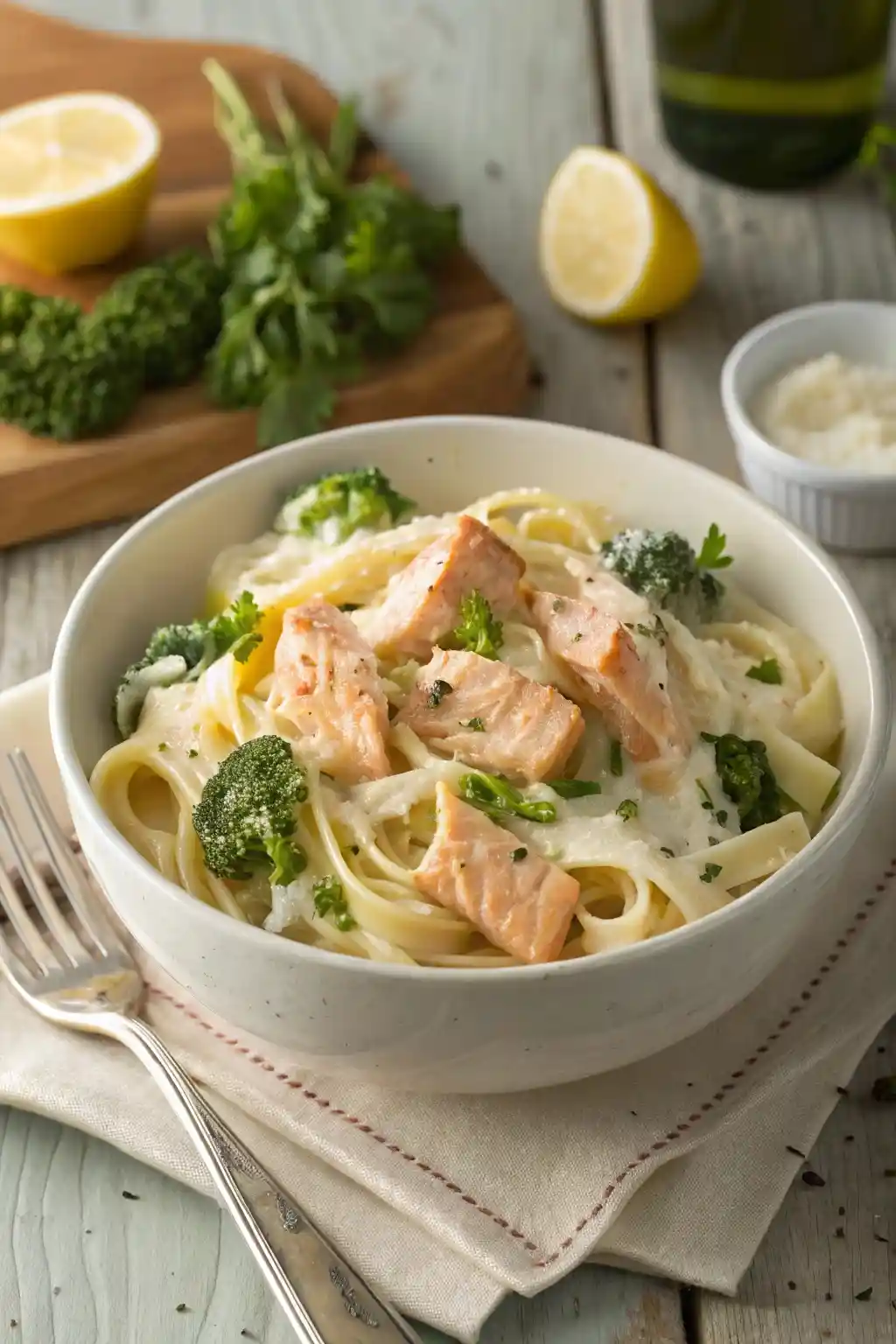 A bowl of salmon alfredo pasta with fettuccine, broccoli, and creamy Alfredo sauce, garnished with parsley and lemon