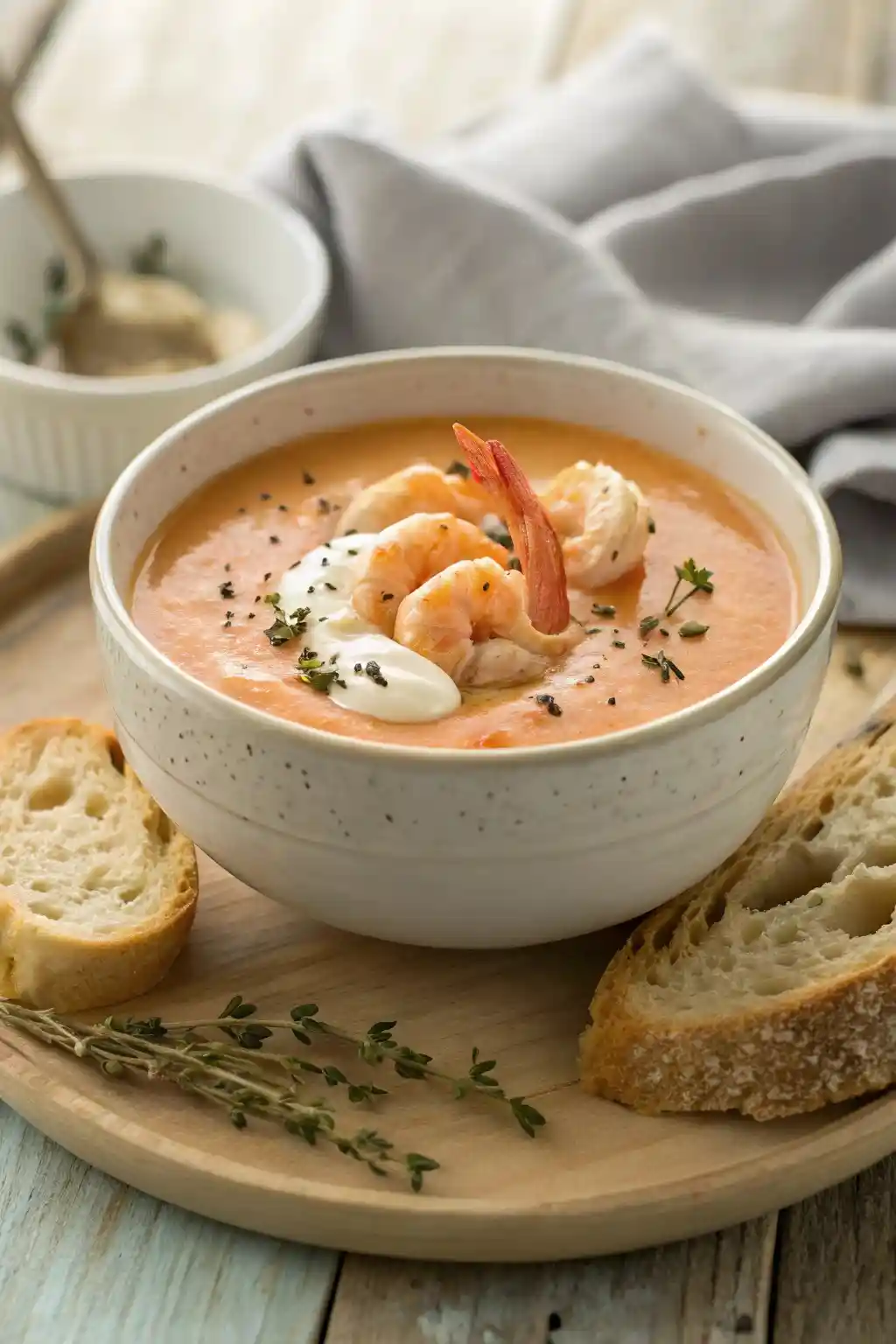 A rustic bowl of creamy shrimp bisque topped with shrimp, cream, herbs, and served with slices of crusty bread
