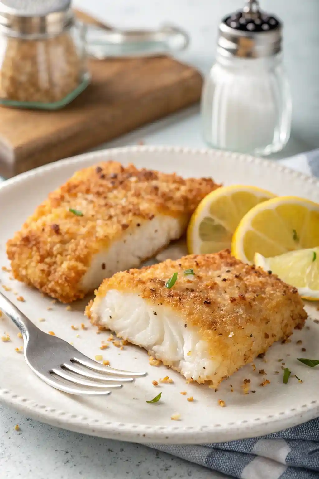 Oven-baked Parmesan Crusted Cod with golden crust and lemon wedges on a plate

