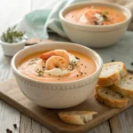 Shrimp bisque served in a modern bowl with shrimp, cream, pepper flakes, and toasted bread on the side