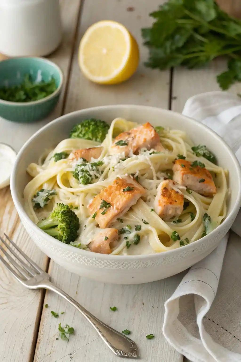 Salmon fettuccine alfredo pasta with broccoli and parsley served in a bowl with lemon on a rustic wood table