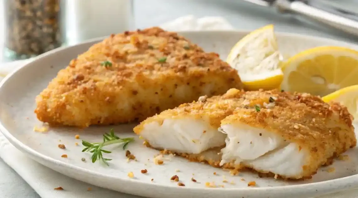 Close-up of golden brown Parmesan Crusted Cod with lemon wedges on a white plate