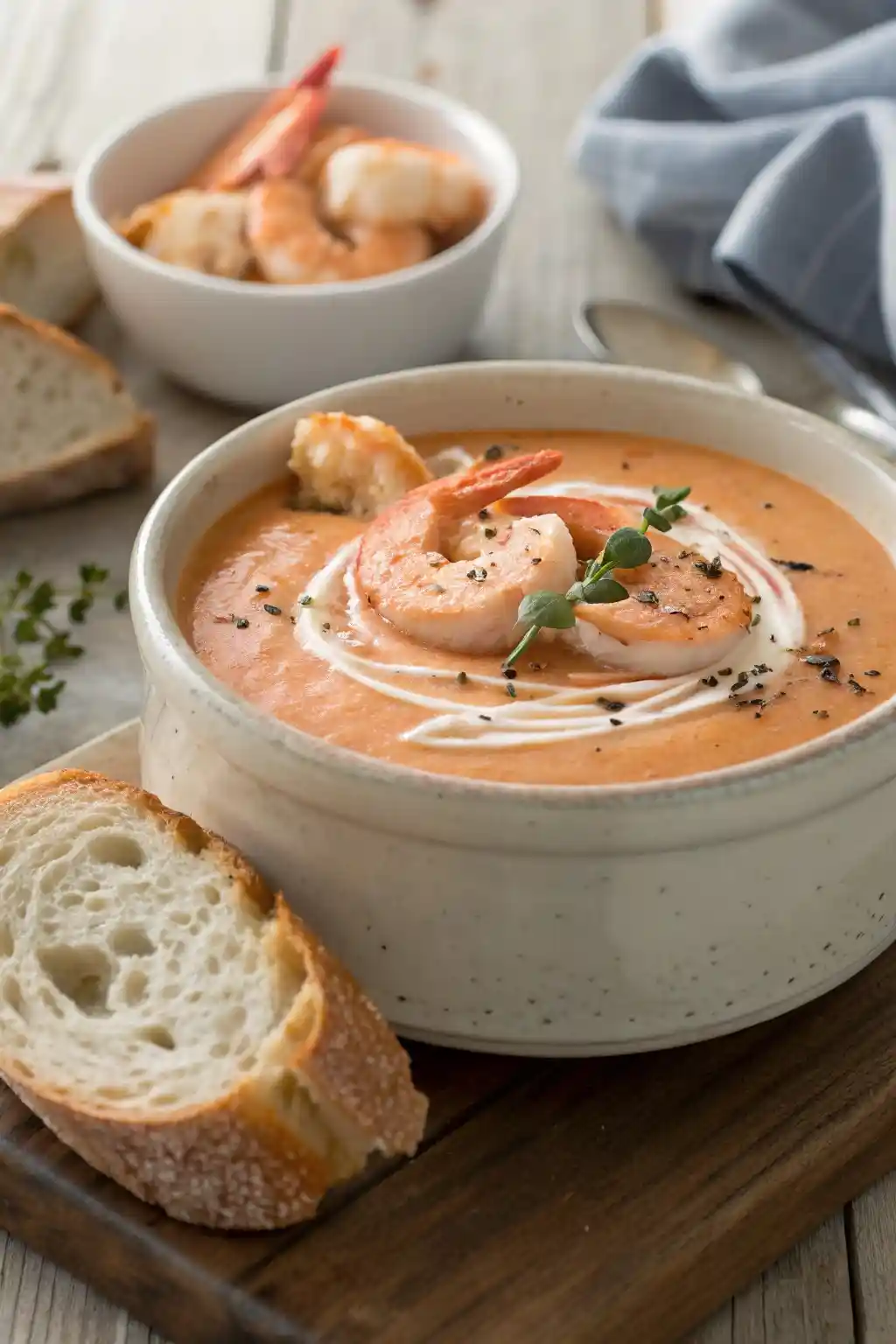 A bowl of shrimp bisque with visible cream swirl, shrimp, thyme, and pepper
