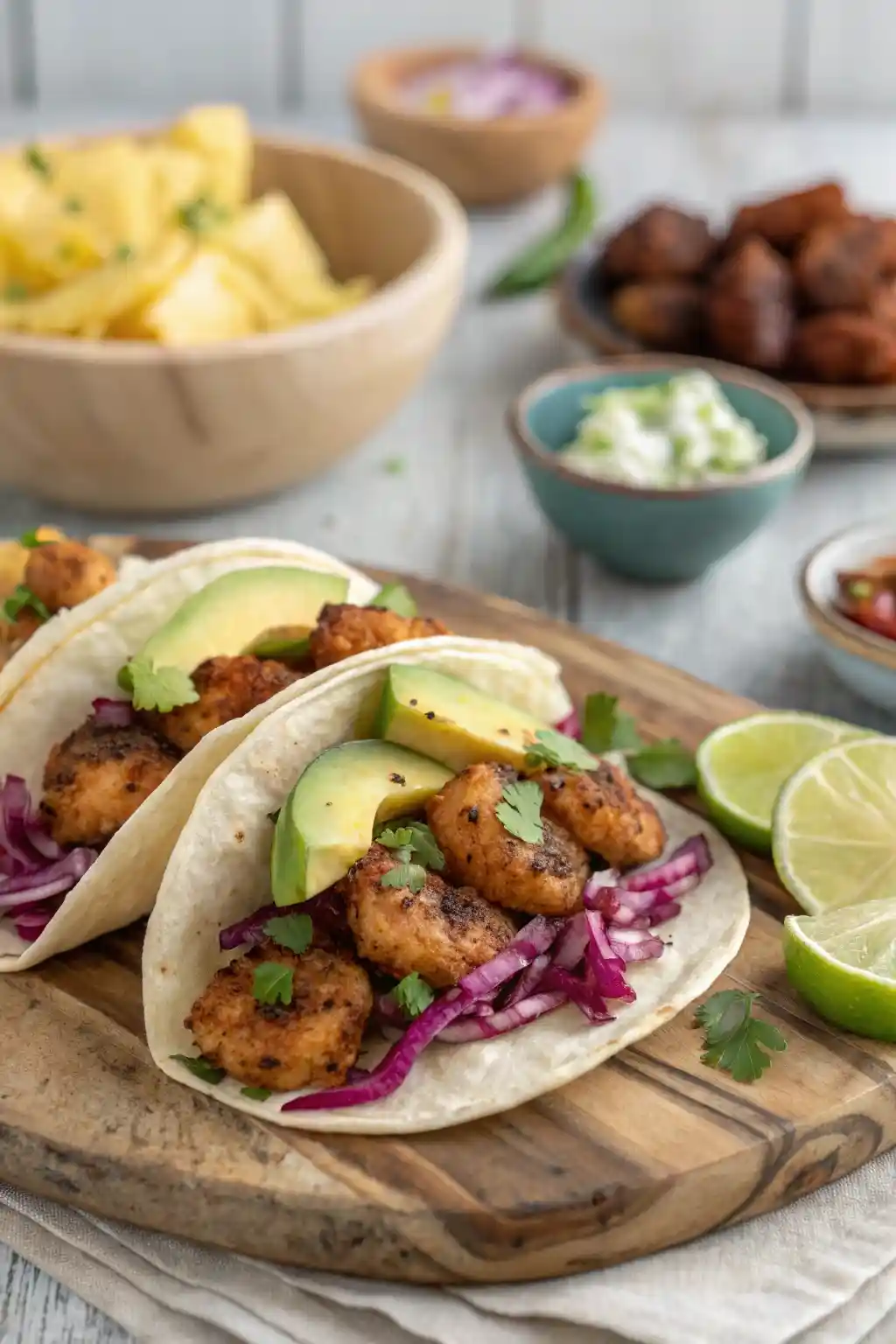 Three blackened shrimp tacos with avocado and lime on flour tortillas, surrounded by sides in colorful ceramic bowls