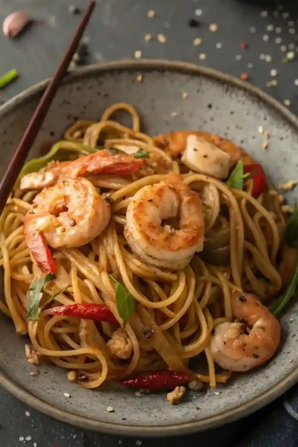 Glossy shrimp lo mein noodles with sliced red bell peppers 