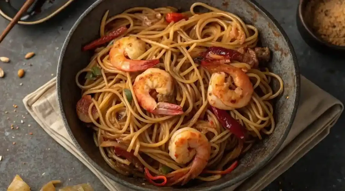 Close-up of shrimp lo mein with vegetables in a skillet