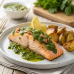 Baked salmon fillet topped with loose green chimichurri sauce, served with lemon wedges and roasted potatoes on a ceramic plate.