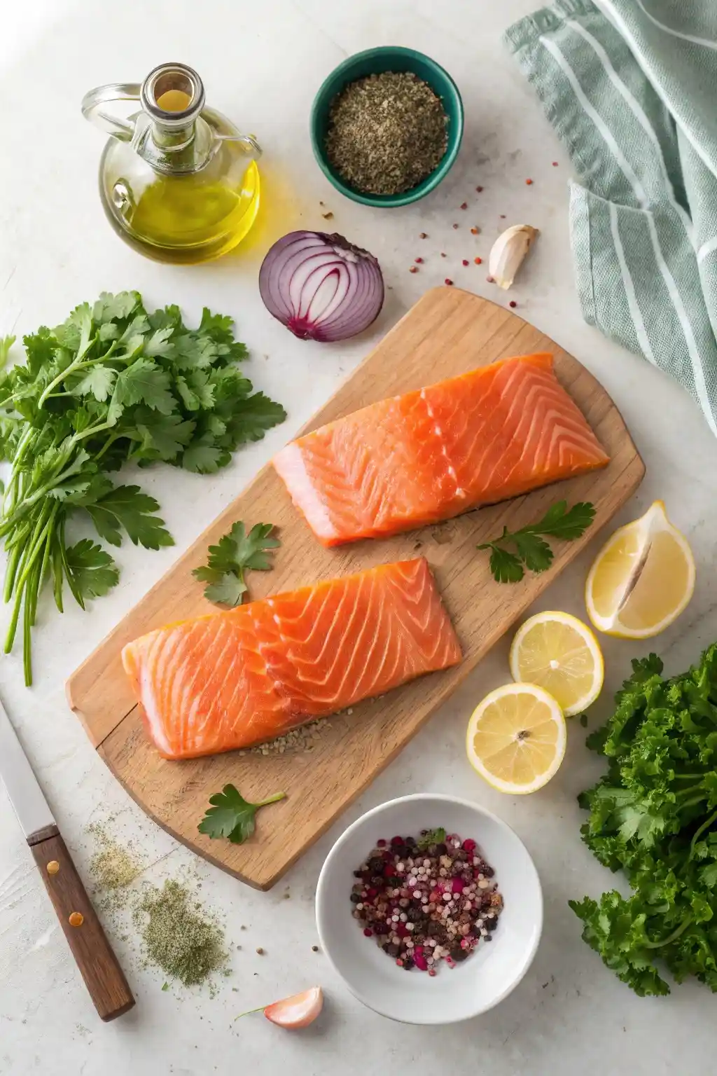 Overhead flat lay of fresh ingredients for chimichurri salmon including raw salmon fillets, parsley, cilantro, lemon, olive oil, garlic, and red onion.