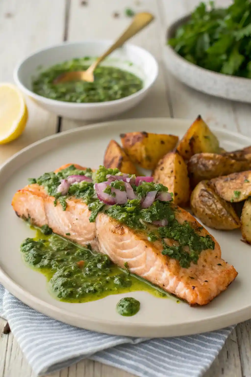 Close-up of baked salmon topped with chimichurri sauce and red onion, served with roasted potatoes on a white plate.