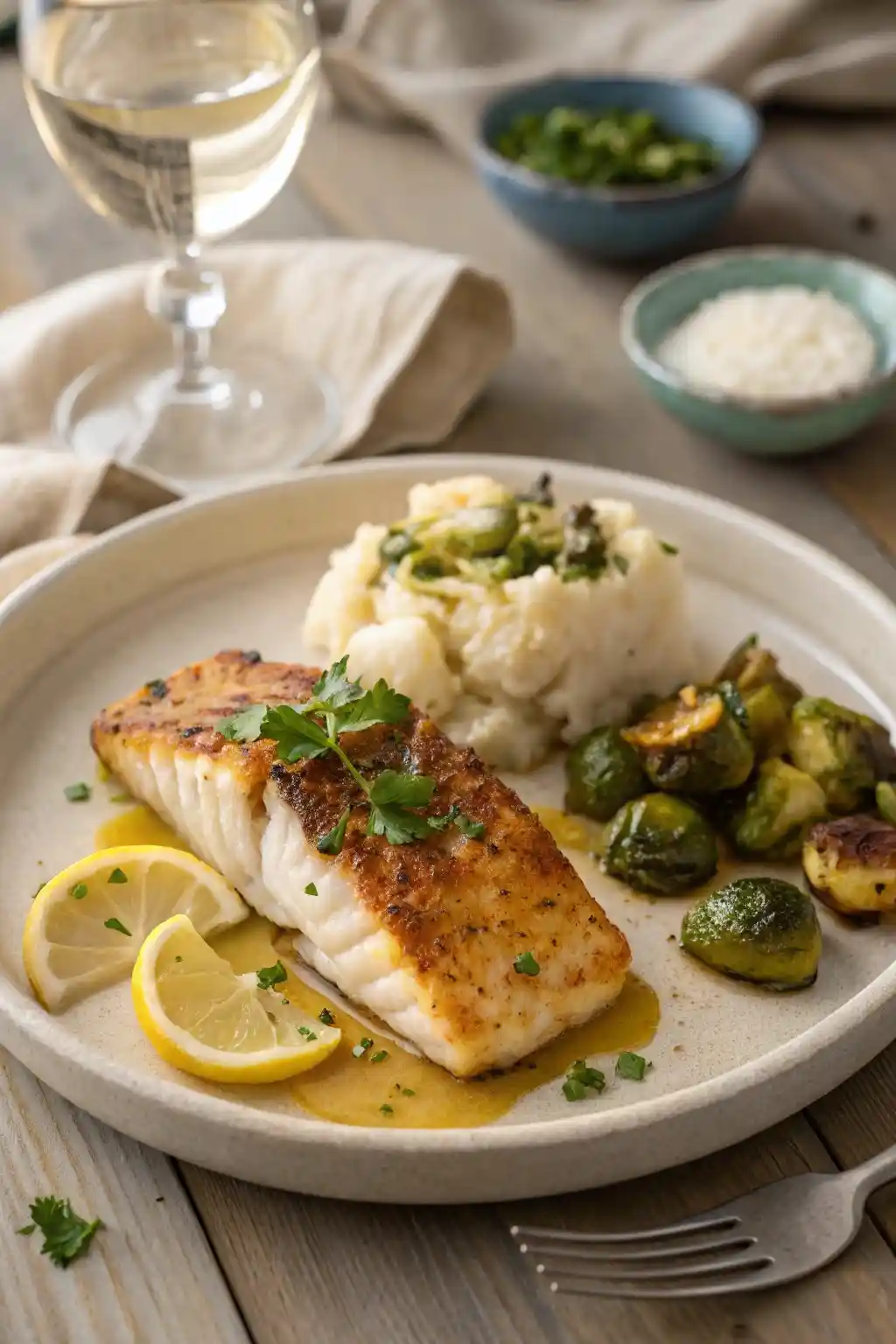 Lingcod fillet with crispy crust and lemon garnish, paired with mashed cauliflower and brussels sprouts