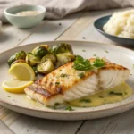 Pan-seared lingcod fillet served with lemon slices, parsley, and brussels sprouts on a stoneware plate