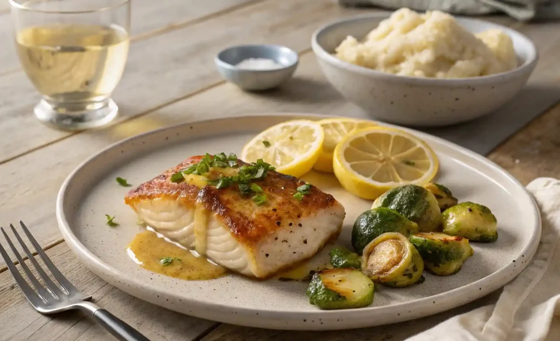 Crispy seared lingcod recipe fillet topped with lemon butter sauce, served with brussels sprouts and lemon slices