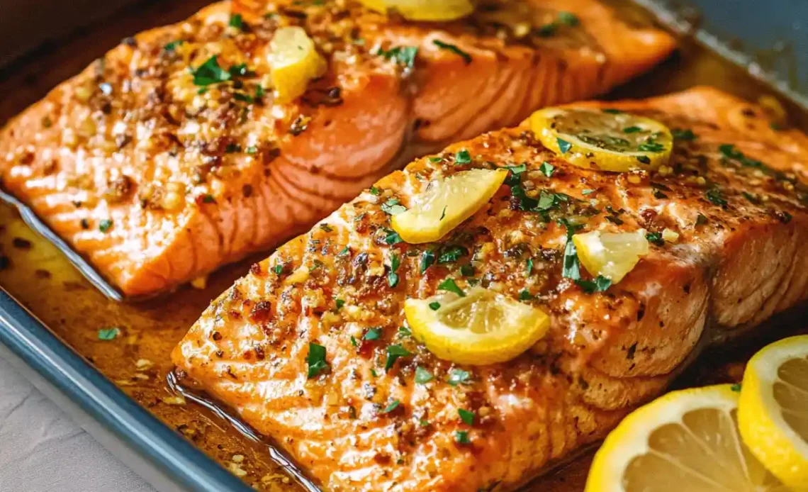 Baked Salmon recipe lemon topped with minced garlic and lemon slices in a pan