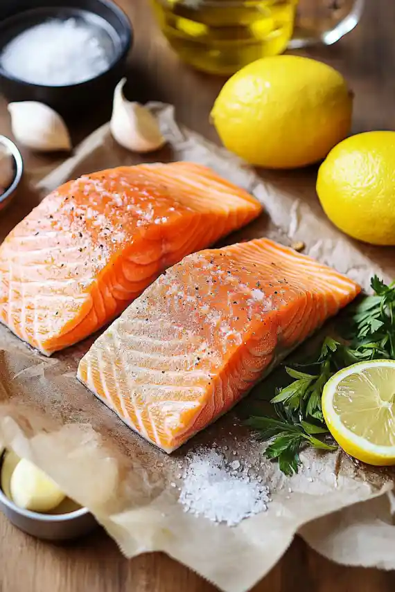  Raw salmon fillets with lemon, garlic, salt, and parsley on parchment paper