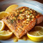 Lemon garlic baked salmon fillet served on a plate with lemon wedges
