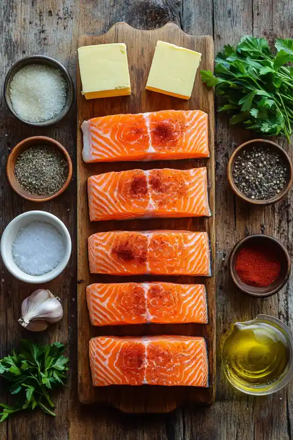  Flat lay of salmon fillets with garlic, butter, paprika, black pepper, salt, olive oil, and parsley on a rustic board