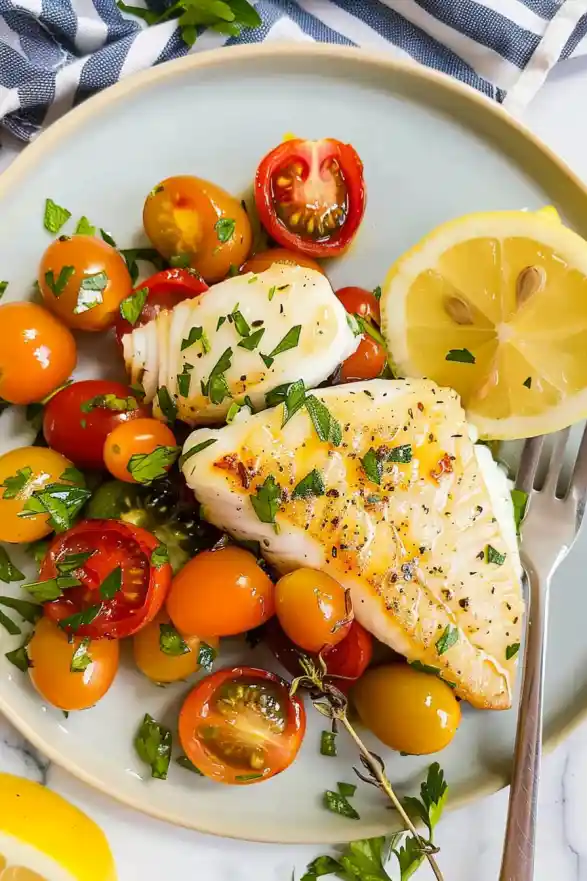 Pan-fried cod fillet served with lemon slices and roasted cherry tomatoes on a blue plate.