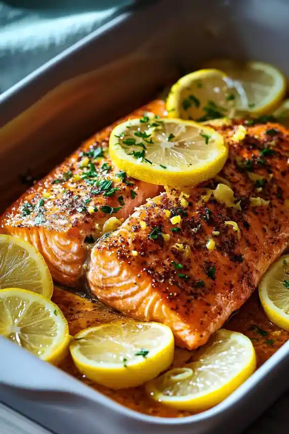 Two lemon baked salmon fillets in a baking dish with lemon rounds and parsley